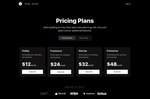 Screenshot of Next.js and Supabase Subscription Payments